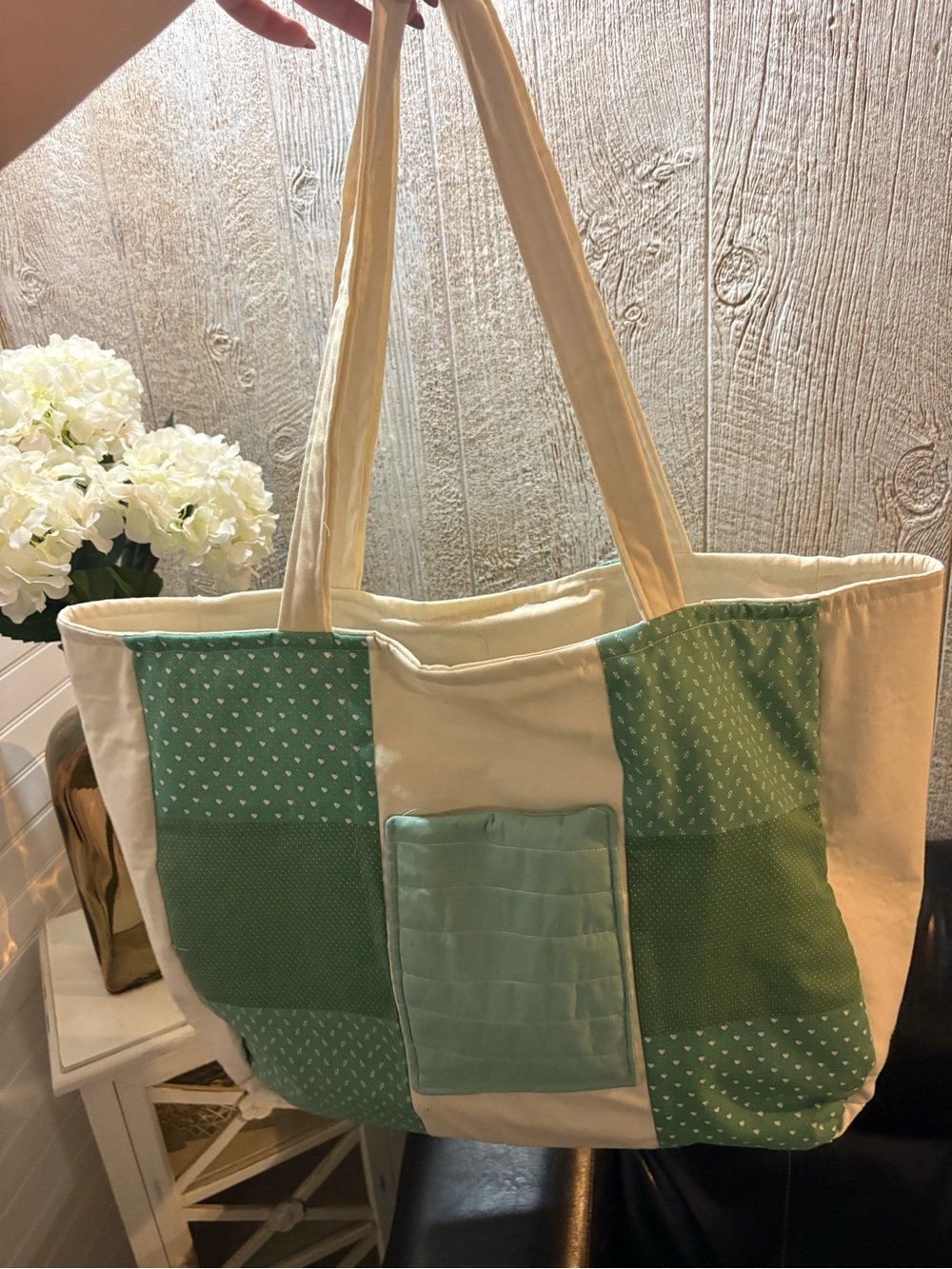 Cream and Mint Green Patchwork Canvas Tote Bag